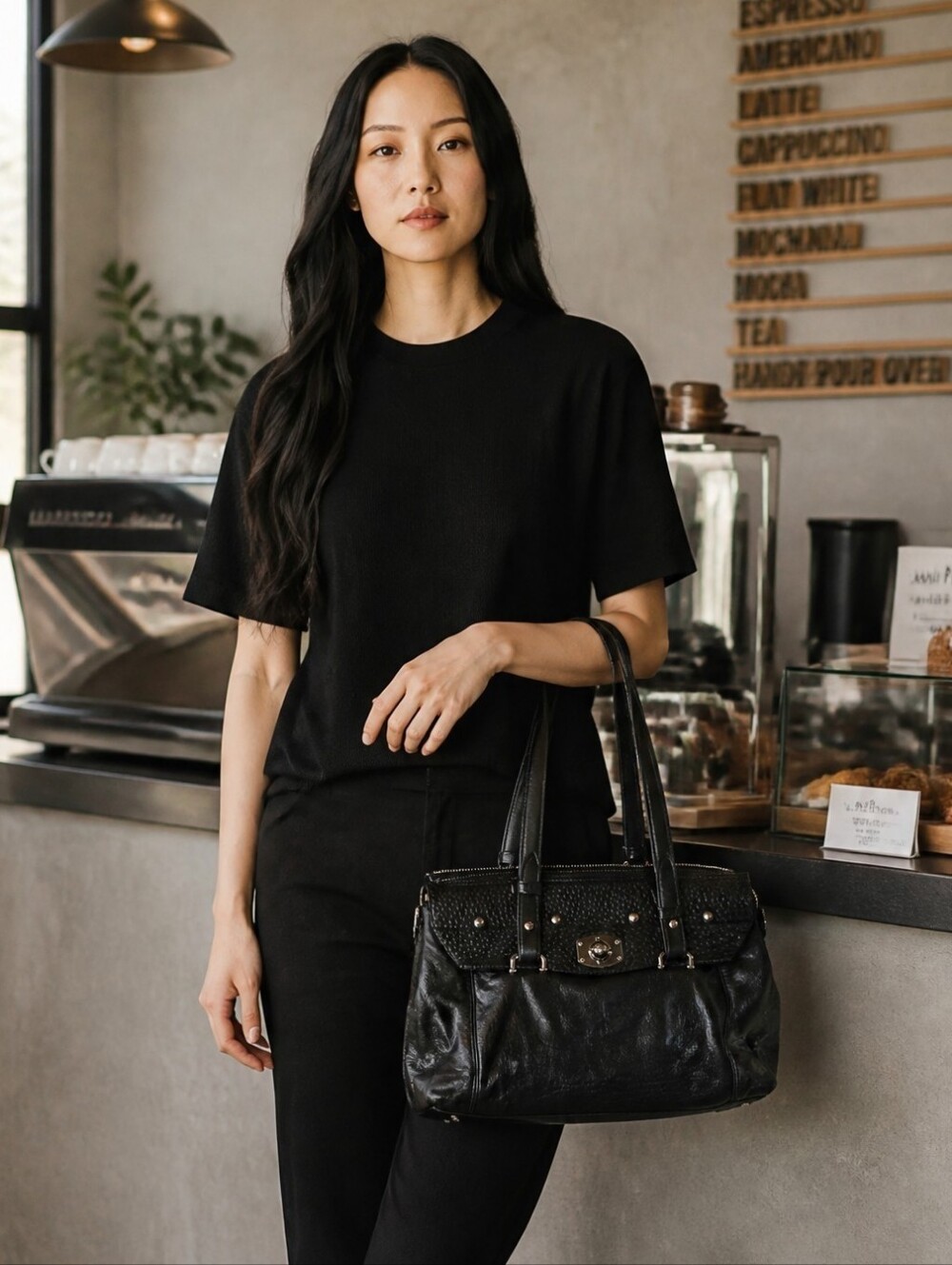 Furla Black Pebbled & Smooth Leather Shoulder Bag